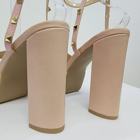 Nude Studded Platform Heeled Sandals 10 - Picture 8 of 9
